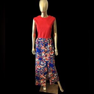 Vintage 60s 70s Puritan Forever Young Red Geometric Print Maxi Dress Size Large